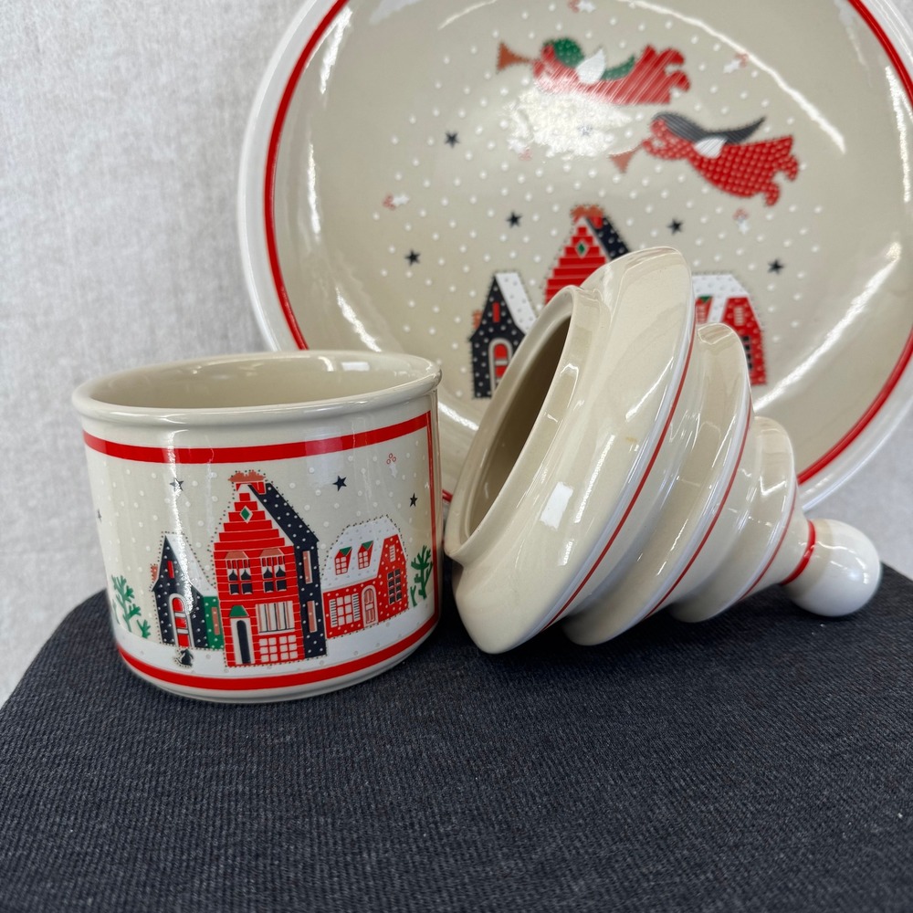 Epoch Holiday Joy 8200 Christmas Canister Plate Set Winter Village Angels Vtg